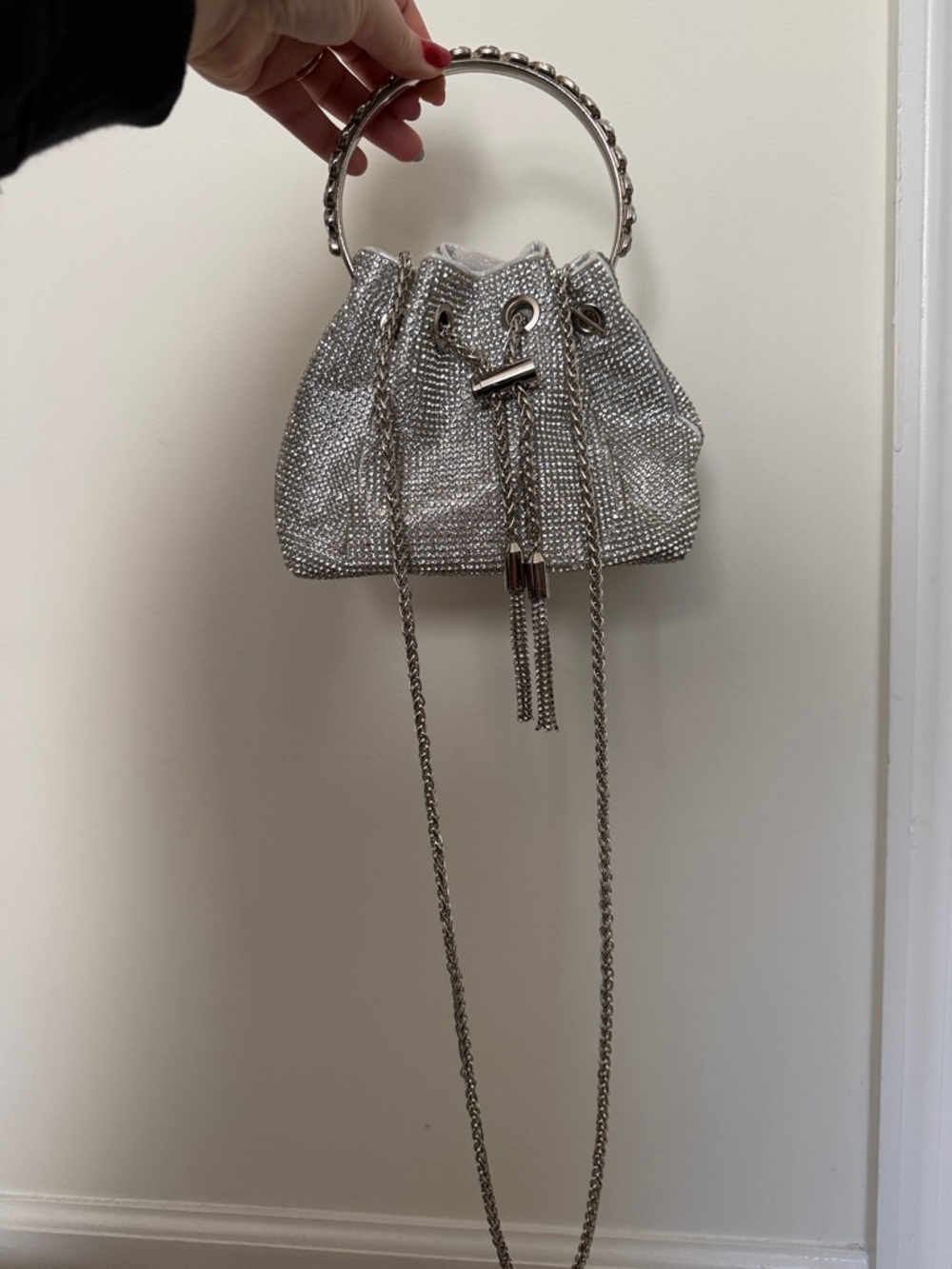 Silver Rhinestone Drawstring Bucket Bag with Chain Strap